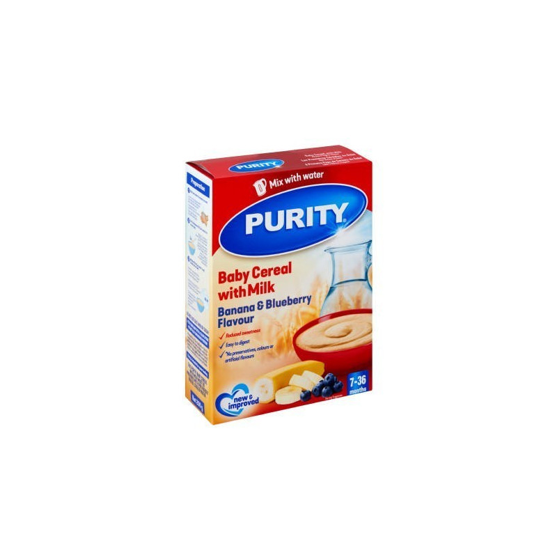 purity baby cereal with milk banana and blueberry 200g